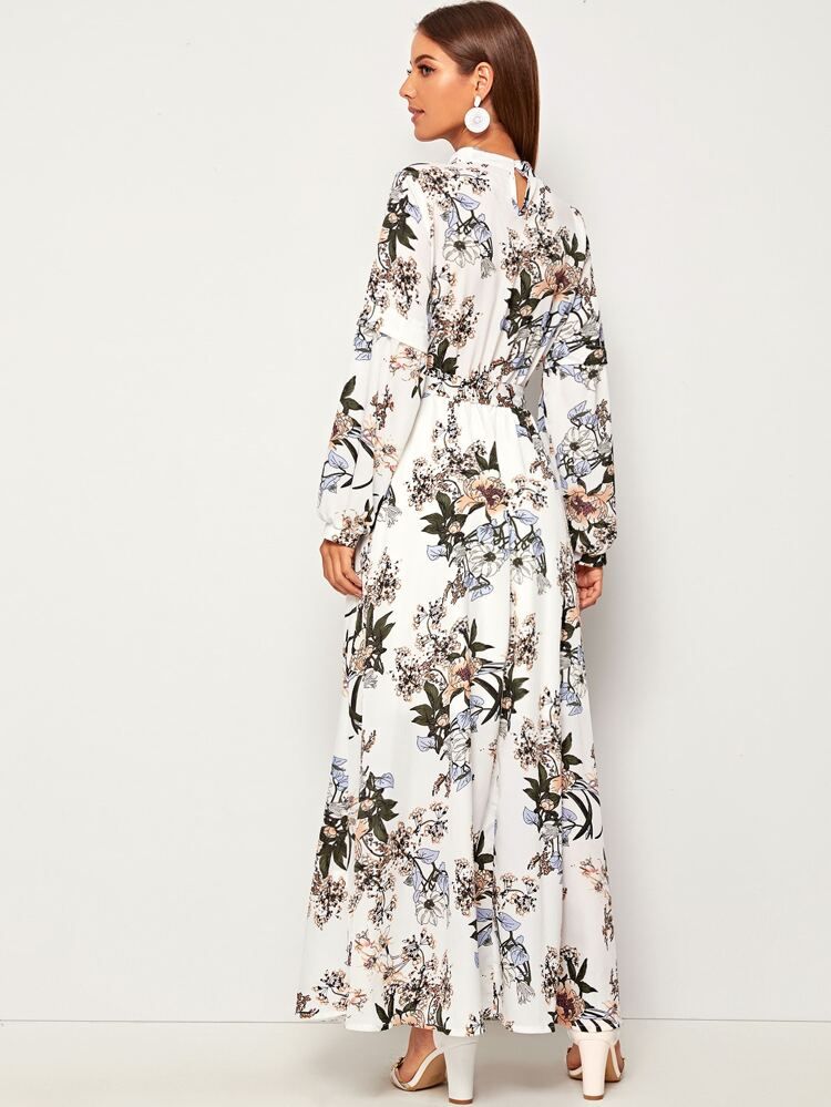 Allover Floral Print Self Tie Swing Maxi Dress | SHEIN