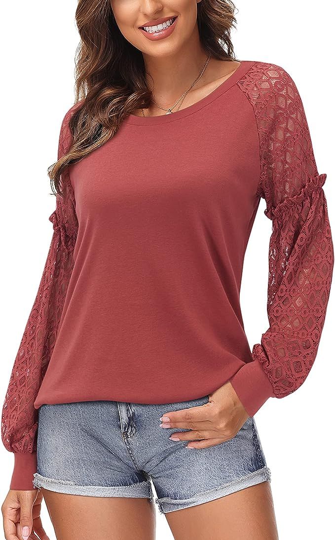 LAISHEN Women's Long Sleeve Tops Lace Casual Loose Round Neck Blouses T Shirts | Amazon (US)