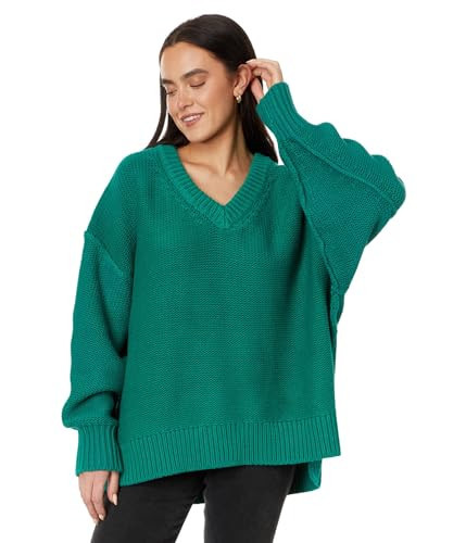 Free People Alli V-Neck Sweater for Women - Cotton Fabric - Oversized Fit - Dropped Shoulders - Ribbed Trim Mountain View LG (Women's 12) One Size | Amazon (US)