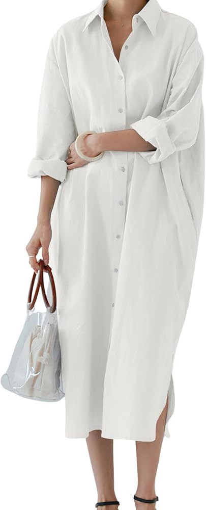 chouyatou Women's Casual Long Sleeve Button Down Maxi Shirt Dress Spring Summer Tunic Dress | Amazon (US)