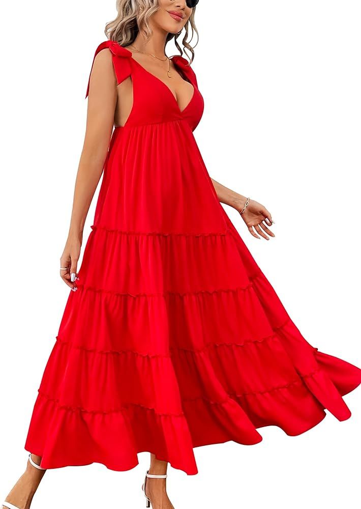 Women’s V Neck Long Casual Dress Backless Tiered Maxi Beach Dress Shoulder Straps Tie Flowy Sun... | Amazon (US)