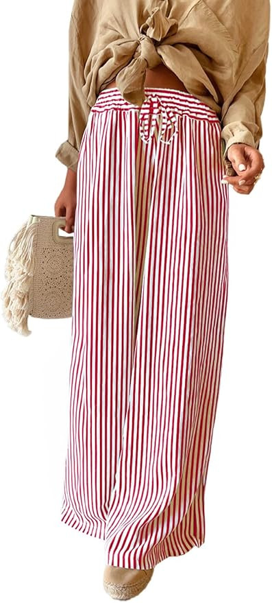 Acelitt Women Casual Drawstring Elastic Waist Striped Wide Leg Pants with Pockets, S-XXL | Amazon (US)