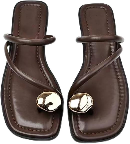 Women's Leather Strappy Flat Metal Toe Ring Sandals Fashionable Square Open Toe Low Block Heel Sl... | Amazon (US)