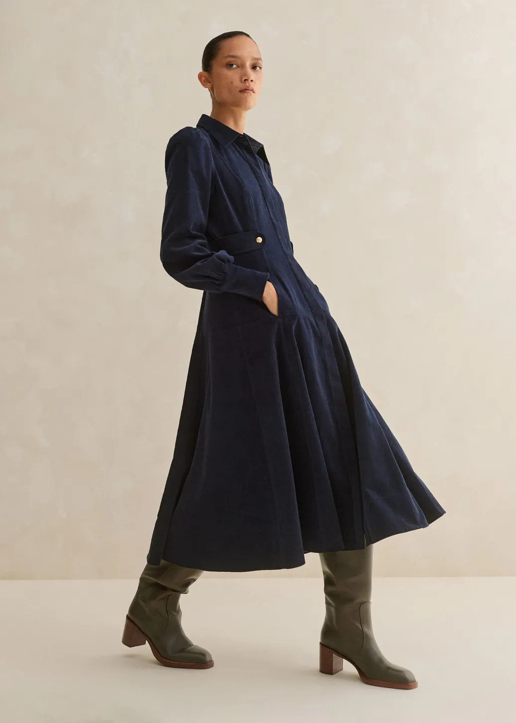 Fluid Cord Gold Button Midi Shirt Dress | ME+EM US