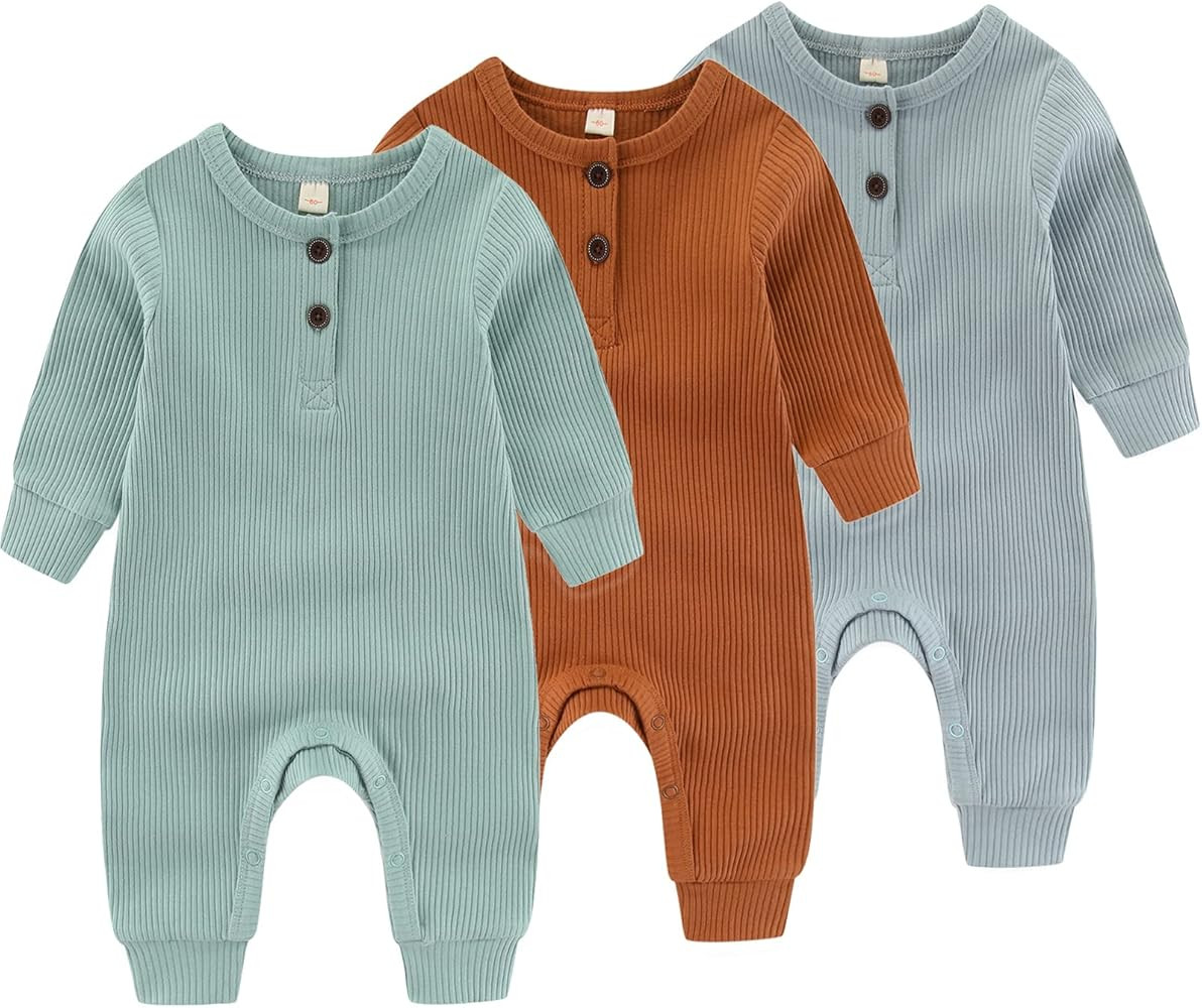 IADOER Newborn Baby Boys Girls One Piece Romper With Mitten Cuffs 3 Pack Long Sleeve Ribbed Butto... | Amazon (US)