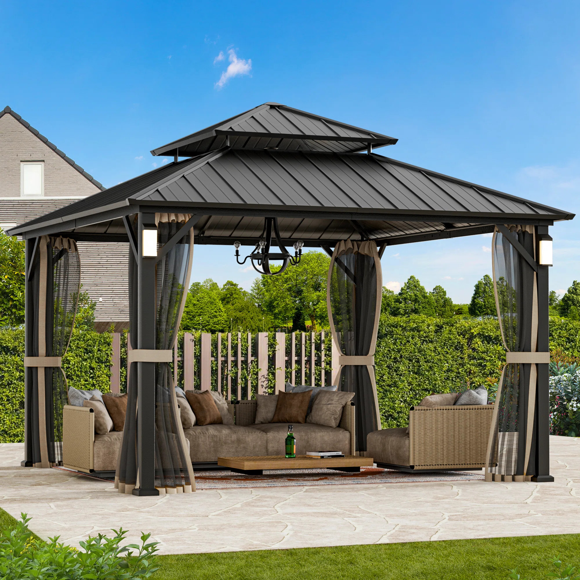Hamilton 12' x 12' Hard Top Gazebo With Solar Self Powered LED Lights, Mosquito Netting And Canop... | Wayfair North America
