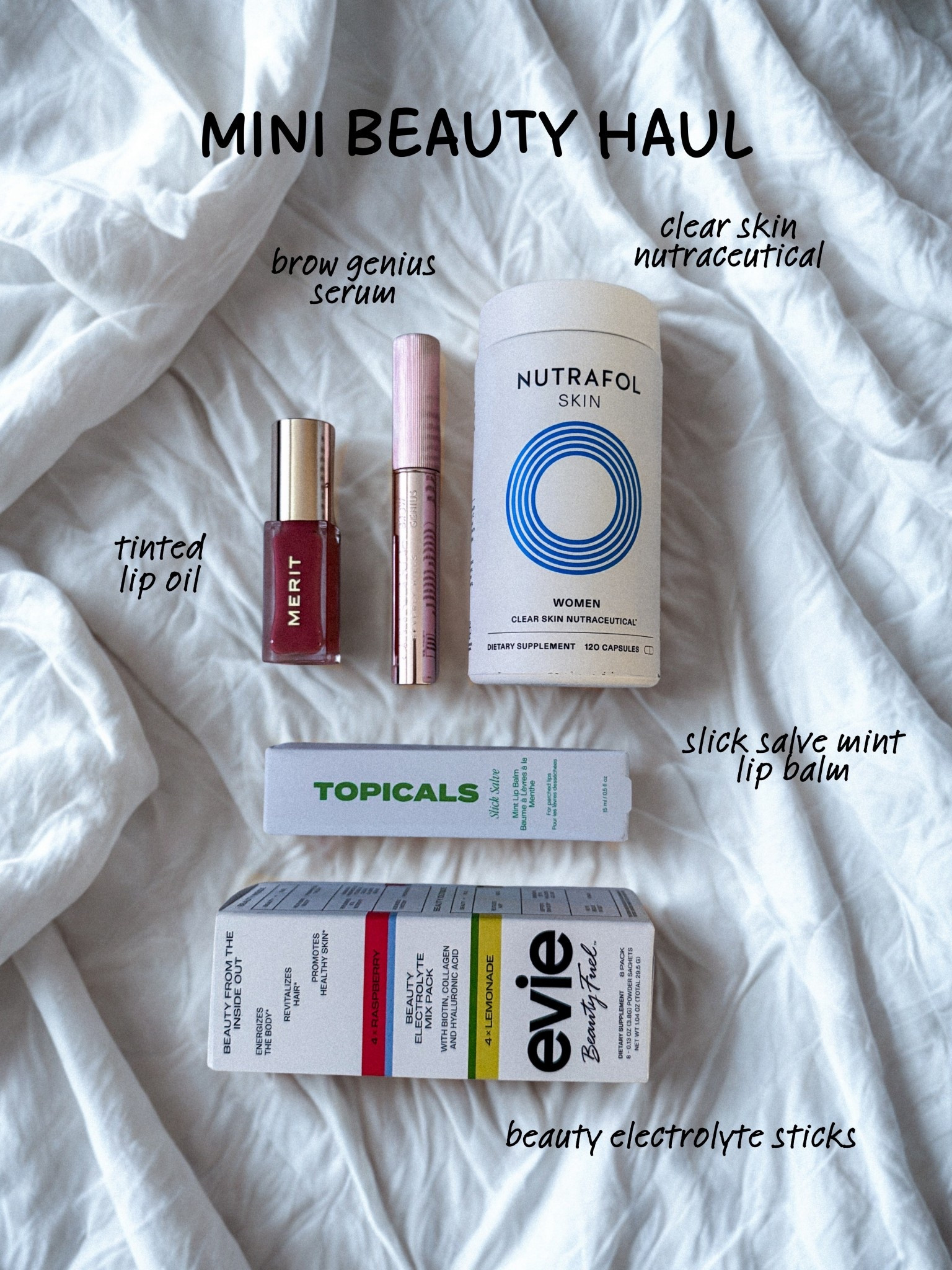 ✨ Mini Beauty Haul ✨ I grabbed a few new goodies (and one holy grail restock) that I’m so excited to add into my routine, and I had to share with you! 💕

💖 Anastasia Beverly Hills Brow Genius Serum – My hormones made my brows rough and coarse, so I’m really excited to see if this helps soften and condition them.
💄 Merit Beauty Tinted Lip Oil in Pink Beet – I’ve been a longtime fan of Merit (their eyeshadow is stunning!), so I couldn’t wait to finally try their lip oil. This shade is the perfect everyday pop of color.
💧 Evie Beauty Fuel Electrolyte Packets – Packed with biotin, collagen, and hyaluronic acid, these are such a fun way to hydrate while supporting skin + hair health.
🌿 Nutrafol Clear Skin Nutraceutical – I struggle with breakouts from PCOS and dehydrated skin, so I’m really hopeful this will help balance things from the inside out.
💋 Topicals Slick Salve Mint Lip Balm – A restock for me because I can’t live without it! I bite my lips from anxiety and this balm instantly hydrates + heals. It’s truly a staple in my bag.

Which one would you try first? 💭 Shop everything from my haul below ⬇️ #BeautyHaul #CleanBeauty #MeritBeauty #TopicalsSkincare #AnastasiaBeverlyHills 

#LTKBeauty #LTKOver40 #LTKBeauty #LTKFindsUnder50