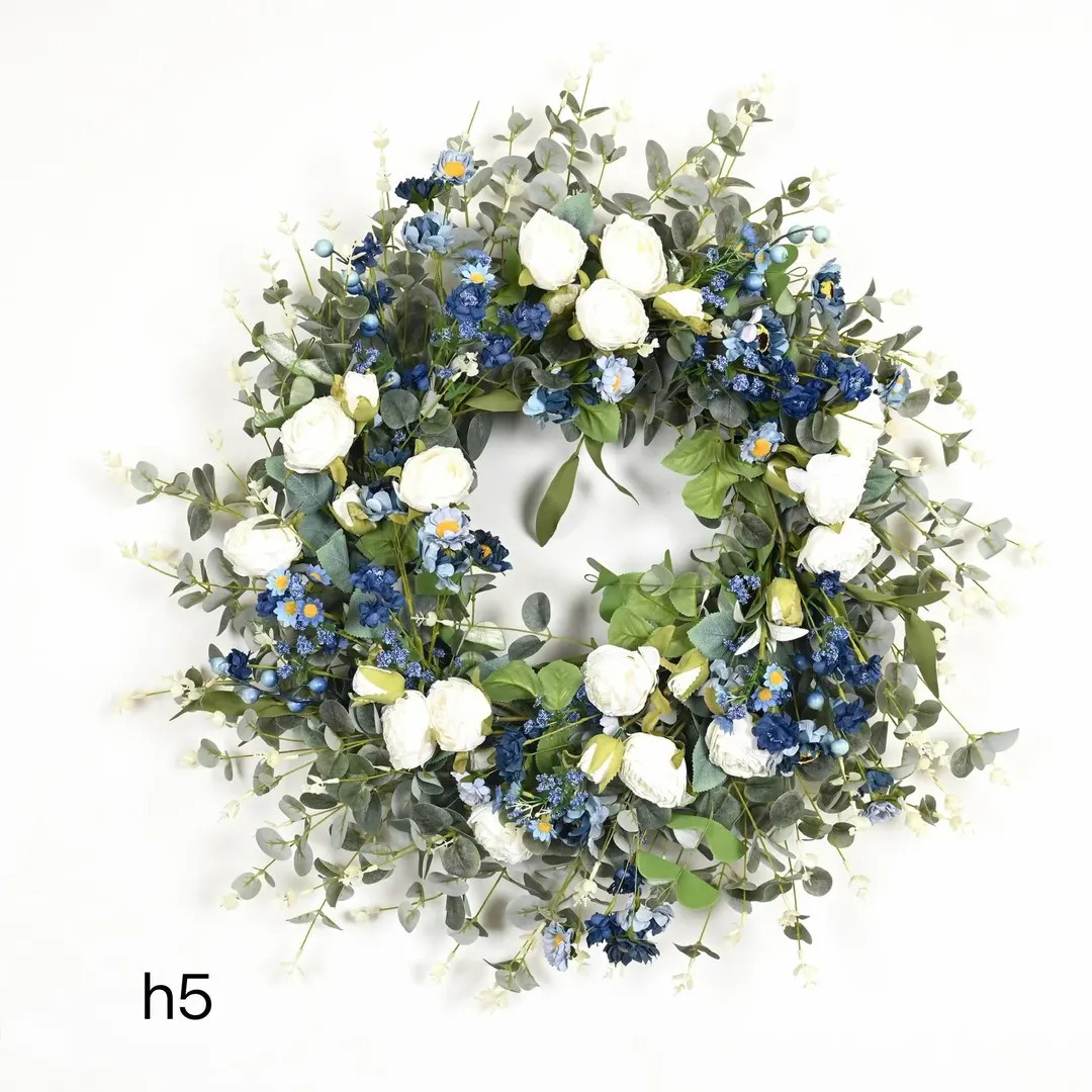 Blue White Floral Wreath, Eucalyptus Rose Spring Summer Door Decor | Etsy (US)