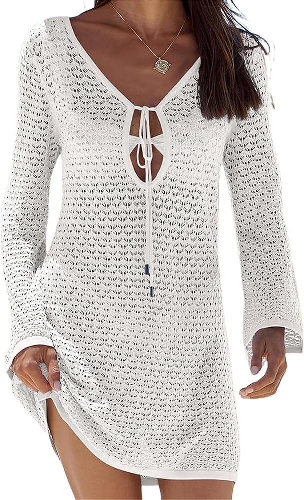 Owl's-Yard Womens Summer Crochet Dress Tie Up Front Hollow-Out V Neck Long Sleeves Bodycon Dress ... | Amazon (US)