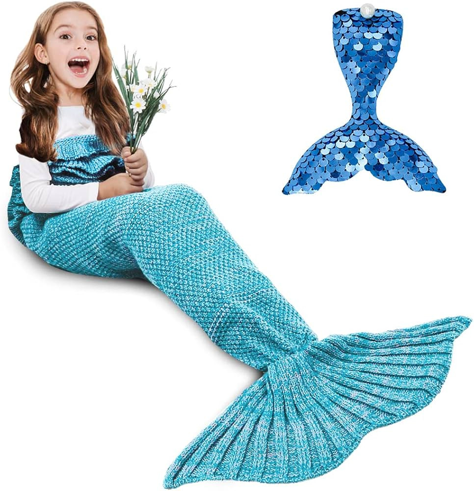 AmyHomie Kids Mermaid Tail Blanket - Crochet Mermaid Sleeping Bag Gift for Girls (Light Blue) | Amazon (US)