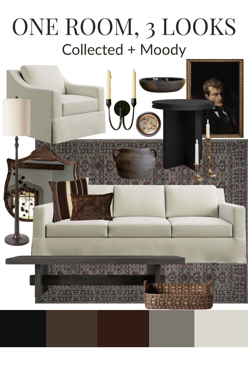 Moody and Collected Living Room Mood Board. Neutral Pottery Barn furniture, vintage portrait print, vintage style mirror, floor lamp, affordable Turkish rug, vintage rustic vessel, wall candle sconces, vintage kilim pillows

#LTKStyleTip #LTKSaleAlert #LTKHome