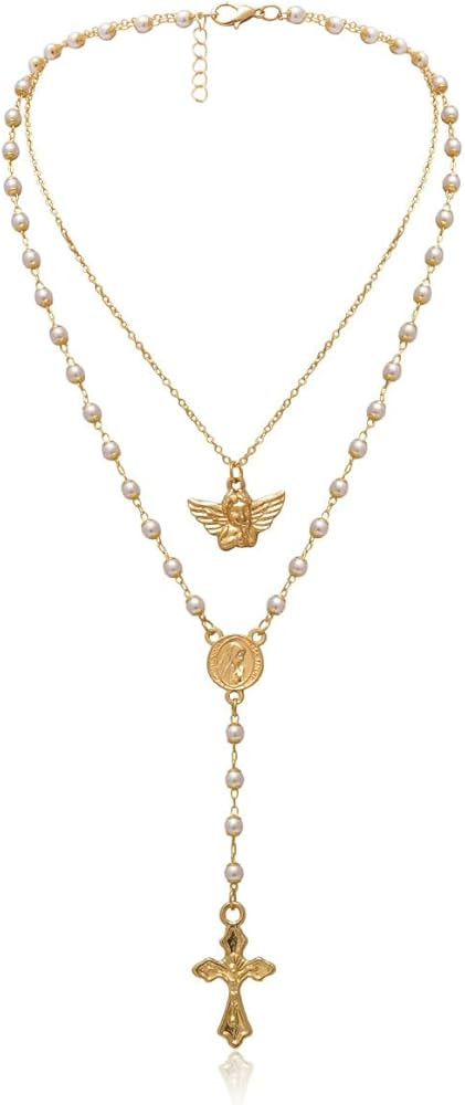 Gold Layered Necklace for Women, Cross Y-shaped Necklace Angel Wings Pendant Necklace White Pearl... | Amazon (US)