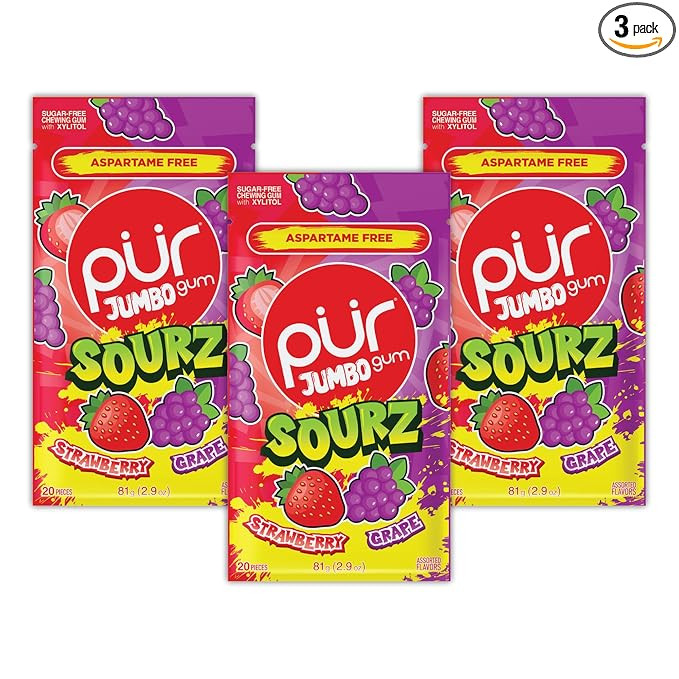 PUR Jumbo SOURZ Gum | Aspartame Free Chewing Gum | 100% Xylitol | Natural Flavor | Sour Strawberr... | Amazon (US)