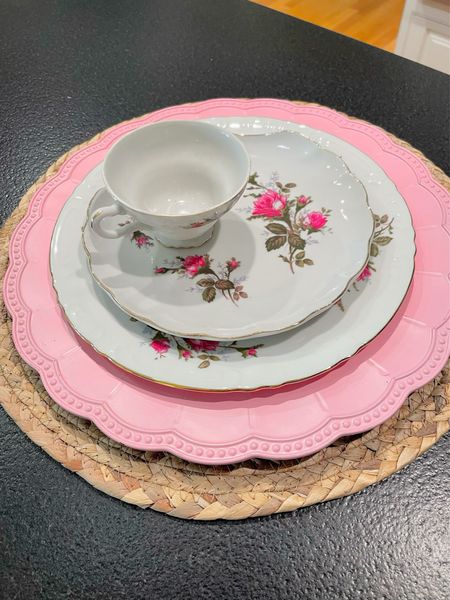 Moss Rose China, salad plate, snack plate, appetizer plate, tea cup, pink charger, natural placemat, home decor, table settings 

#LTKhome #LTKunder100 #LTKunder50