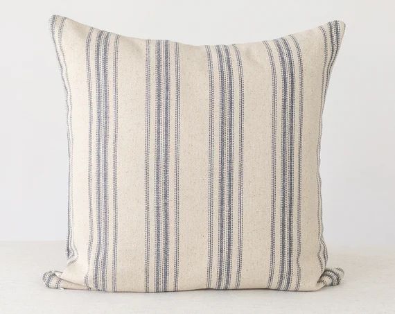 Blue Stripe Pillow, Burlap Pillows with Stripes, Farmhouse Burlap Pillow Covers, Farmhouse Blue P... | Etsy (US)