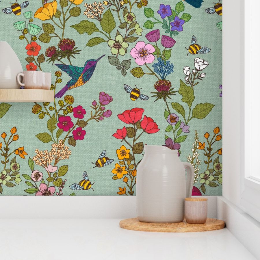 Hummingbirds and Bees {Duck Egg 623} | Spoonflower