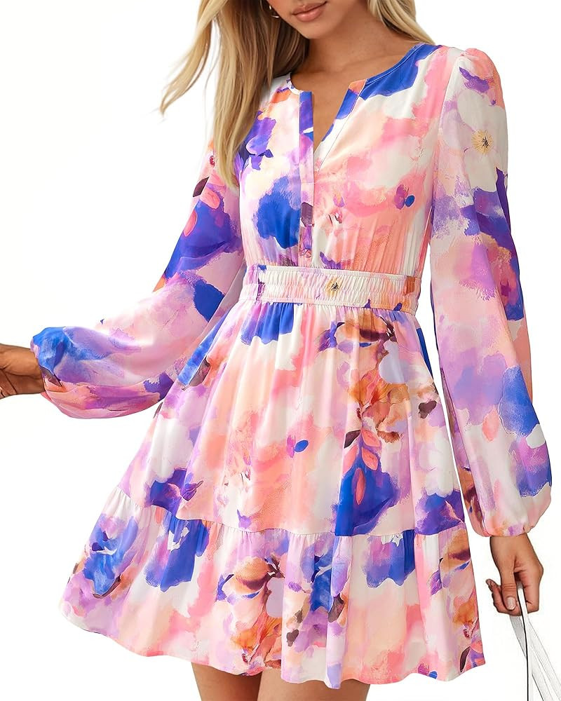 BTFBM Long Sleeve Dress for Women 2026 Spring Summer Mini Elastic Waist Floral Boho Beach Vacatio... | Amazon (US)