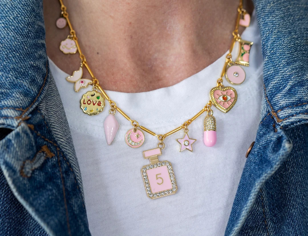 CHARM NECKLACE, Pink Charms, Gold Charm Necklace, Statement Necklace - Etsy | Etsy (US)