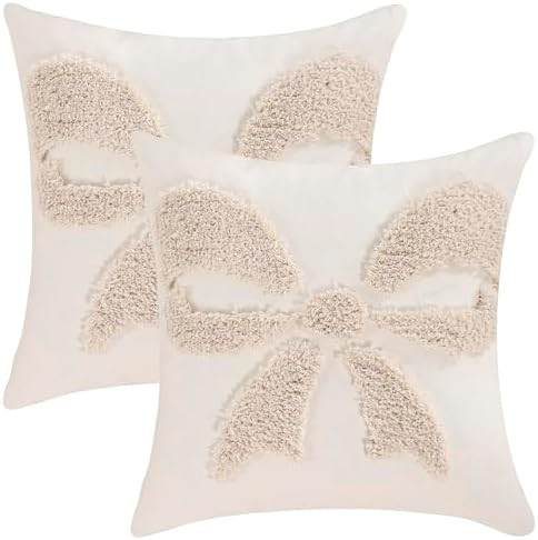 LUOYEHK Christmas Pillow Covers 18x18 Set of 2 Beige Bow Decorative Throw Pillows Winter Holiday ... | Amazon (US)
