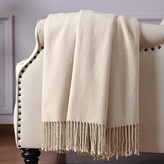 CUDDLE DREAMS Silk Throw Blanket with Hand-Knotted Fringe, Natural, Soft & Breathable (Ivory) | Amazon (US)