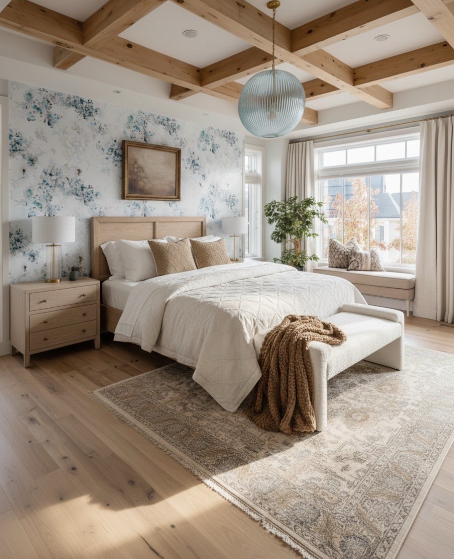 A calming modern farmhouse bedroom filled with warmth and texture. The space features exposed wood ceiling beams and a soft floral watercolor accent wall that adds a hint of color. A light oak wood bed frame is layered with a neutral quilted duvet, linen throw pillows, and a chunky knit blanket for a cozy, lived-in look. The ribbed glass pendant light in a pale blue tone adds elegance and contrast, complemented by brass and glass bedside table lamps that bring a soft glow. A vintage-inspired area rug, upholstered end-of-bed bench, and oak nightstands complete this inviting, restful retreat.

Shop the look:
Oak bed frame | Watercolor floral wallpaper | Ribbed glass pendant light | Quilted duvet | Chunky knit blanket | Linen throw pillows | Brass and glass table lamps | Upholstered bench | Vintage-style rug | Oak nightstands 


#LTKSaleAlert #LTKHome #LTKFindsUnder100