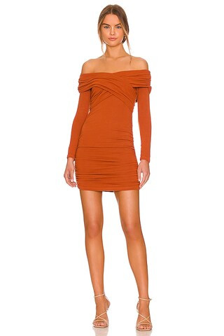 MONROW Supersoft Off Shoulder Shirred Mini Dress in Bombay Brown from Revolve.com | Revolve Clothing (Global)