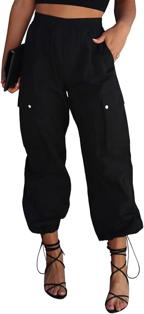 Parachute Pants for Women, Elastic High Waist Y2k Cargo Pants Women Baggy with 4 Pockets | Amazon (US)