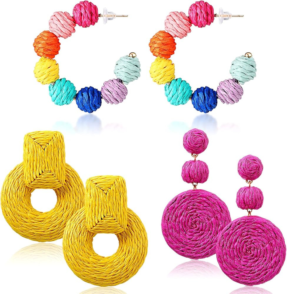 3 Pairs Raffia Earrings for Women Colorful Rattan Hoop Dangle Earrings Boho Rainbow Beaded Drop E... | Amazon (CA)