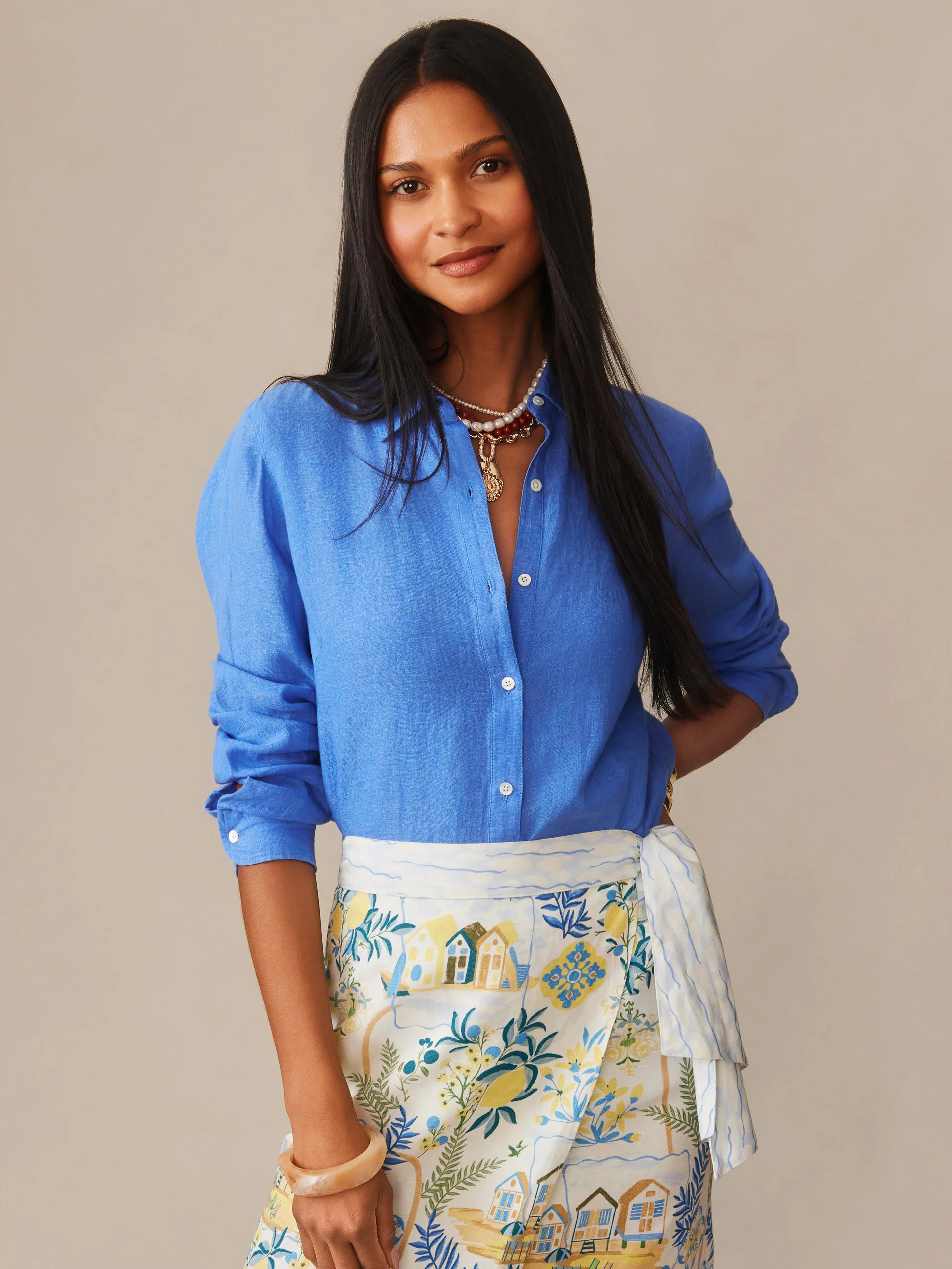 J.McLaughlin Women's Britt Linen Shirt French Blue, Size Medium | J.McLaughlin