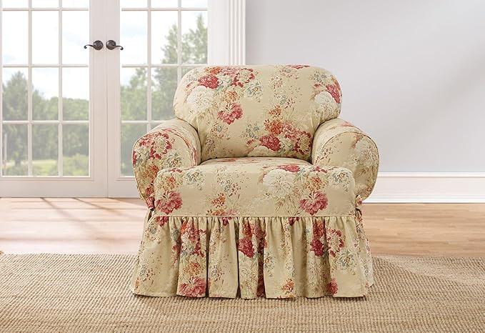 Waverly Ballad Bouquet Ruffled T Cushion Chair Slipcover, Chair T Cushion Cover with Cotton Flora... | Amazon (US)