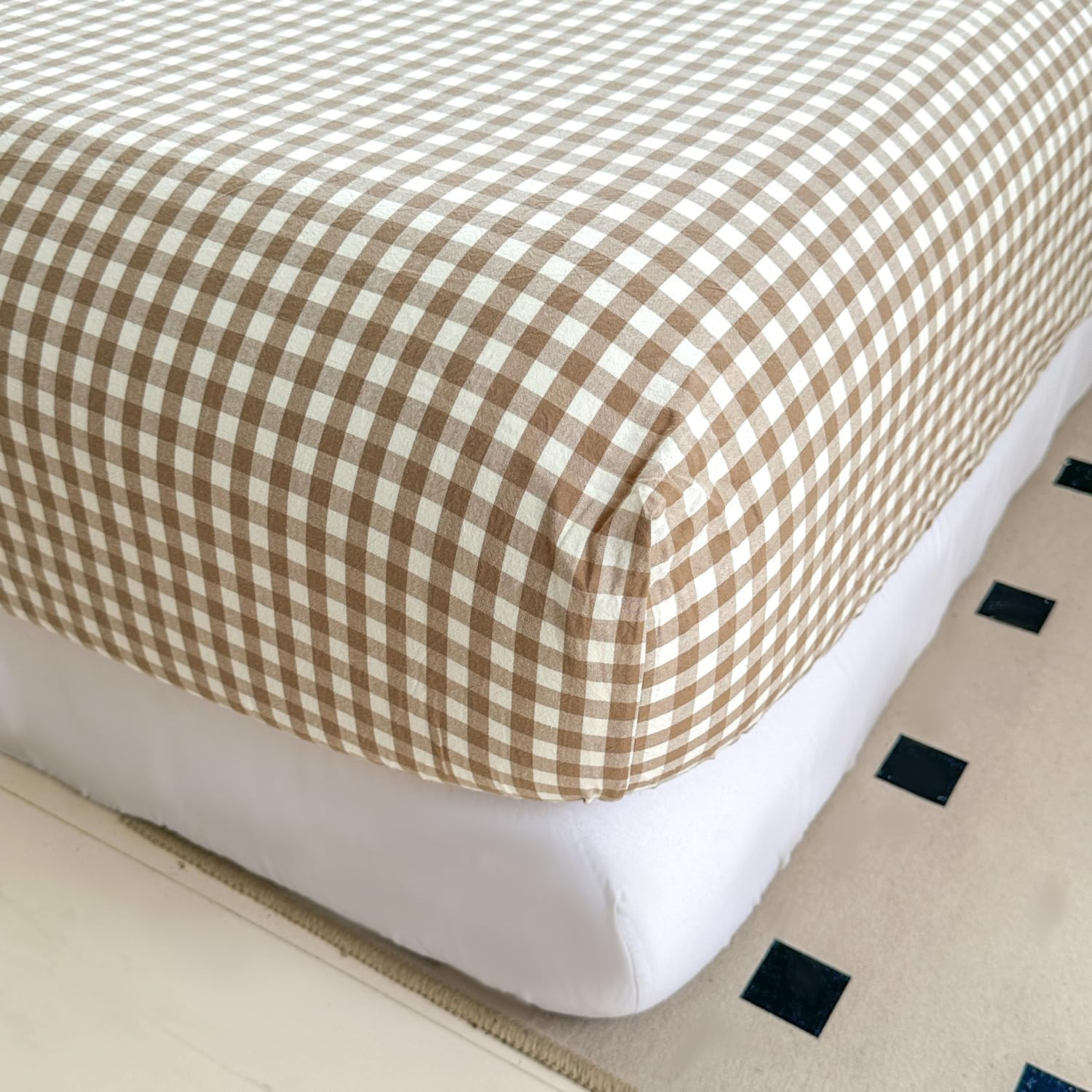 Mucalis Tan Gingham Fitted Sheet King Only Deep Pocket 16 Inch 100% Washed Cotton Beige Plaid Che... | Amazon (US)