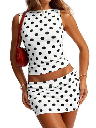 Luckydora Women's Polka Dot Two Piece Sleeveless Crop Top Mini Skirt Y2K Party Summer Trendy 2026 Outfit White Large | Amazon (US)