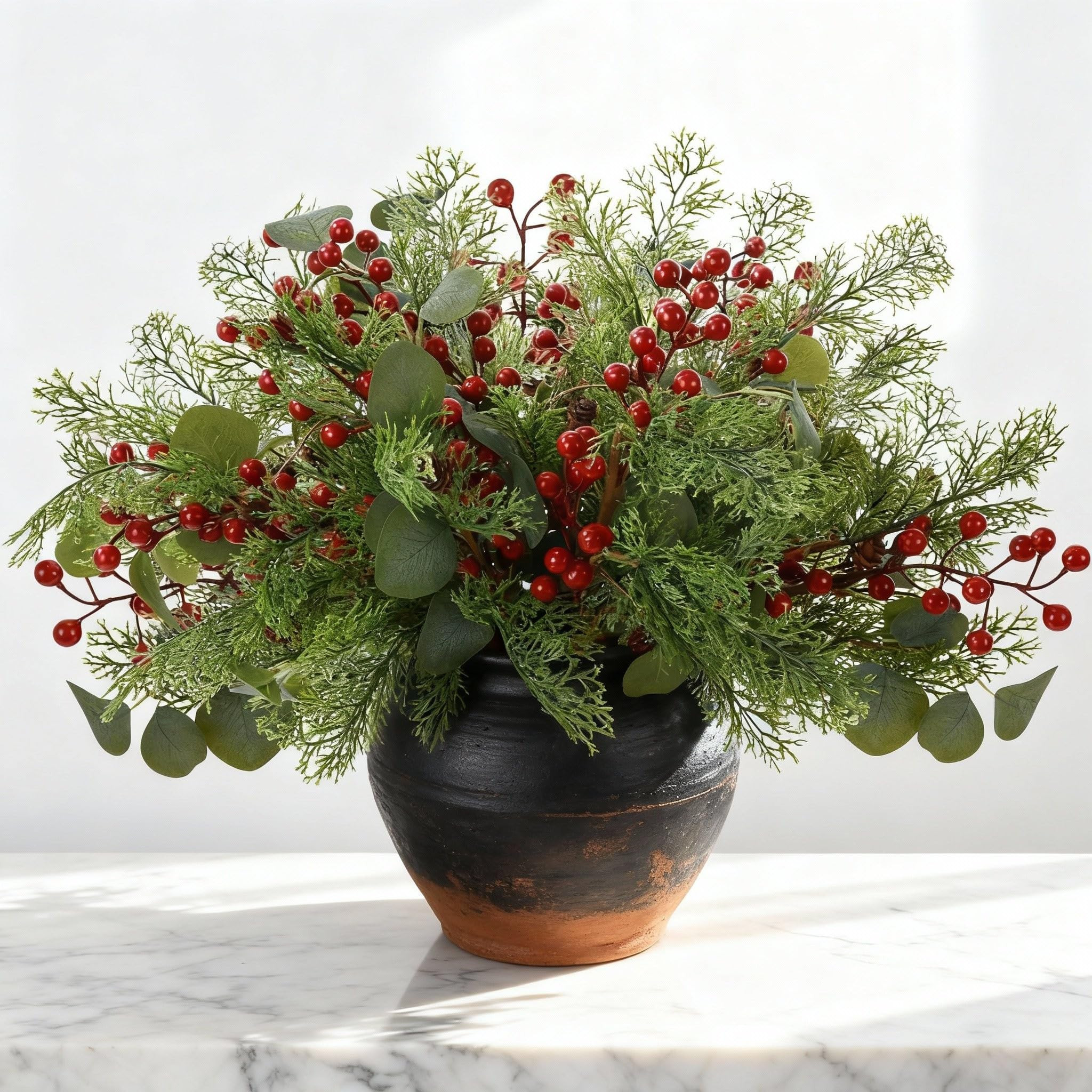 12 Pcs Christmas Cedar Pine Branches 18 Inch Real Touch Artificial Greenery Stems with Red Berrie... | Amazon (US)