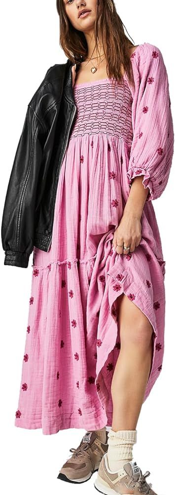 Women Bohemian Floral Dress Lantern Sleeve Square Neck Flower Embroidered Maxi Dress Flowy High W... | Amazon (US)