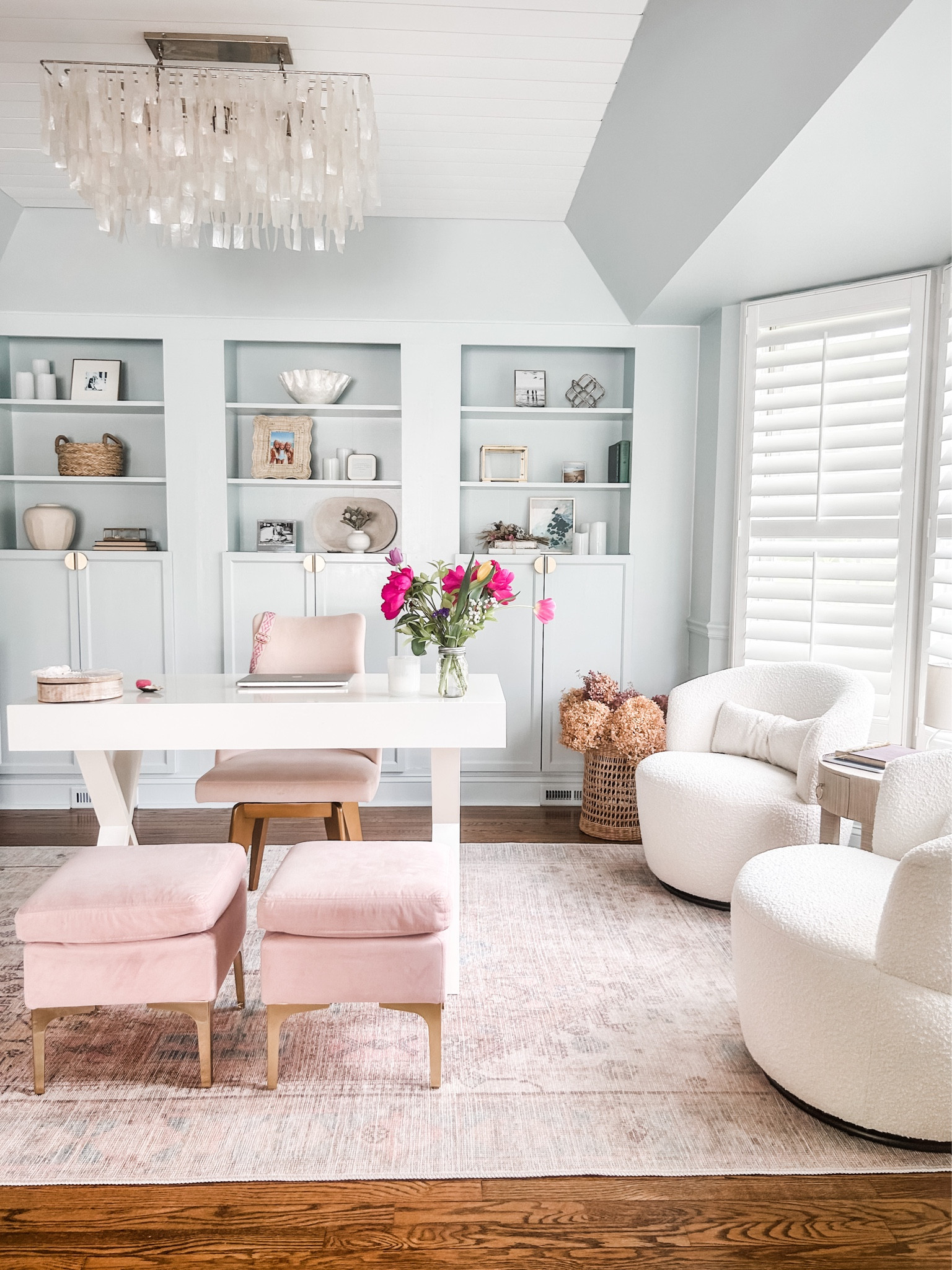 Love having flowers on my desk! 

Home office decor, white desk with drawer, x-leg desk, square velvet ottoman with gold metal legs, Clair shell chandelier, swivel chair, woven basket, blush dining chair, desk chair, gold cabinet hardware, half moon door pull, mini lamp, gold picture frame.

#westelm #wayfair #homedecor

#LTKstyletip #LTKFind #LTKhome