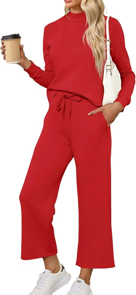 Tankaneo Womens 2 Piece Sets Mock Neck Long Sleeve Tops Wide Leg Pants Lounge Set Vacation Travel... | Amazon (US)