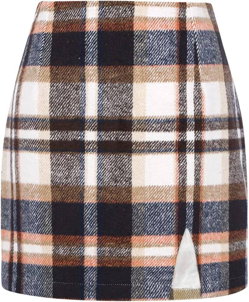 Plaid Mini Skirts for Womens High Waisted Fall Winter Wool Bodycon Pencil Skirts with Slit | Amazon (US)