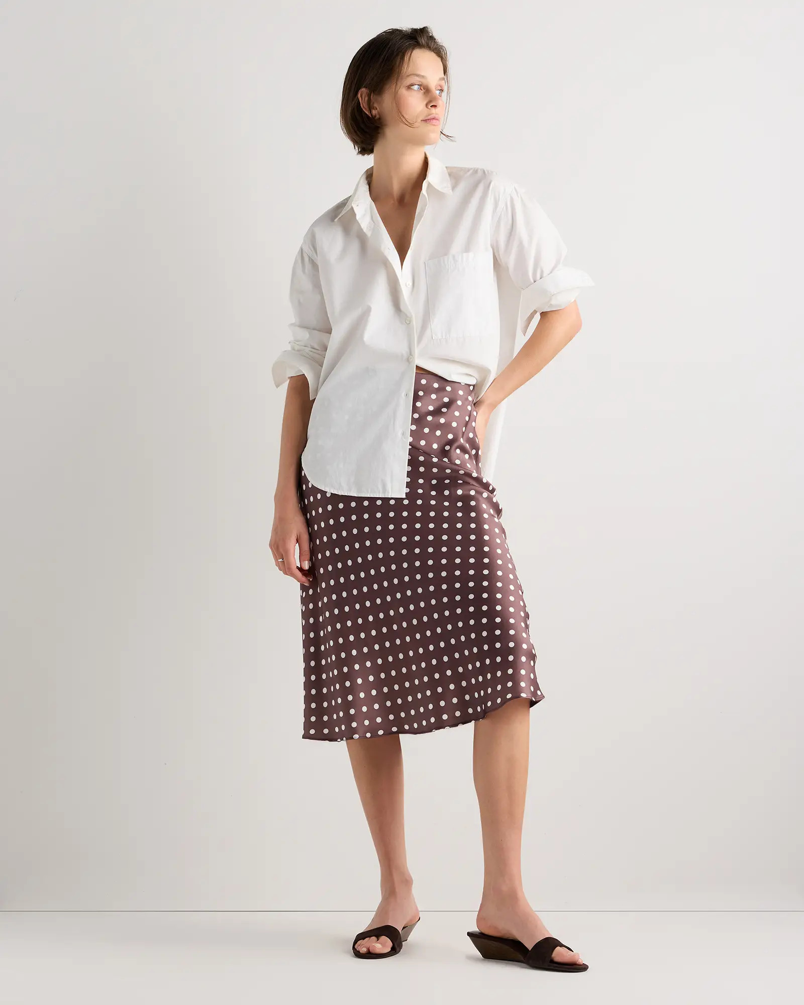 100% Washable Silk Skirt in Mocha Midi Dot | Quince