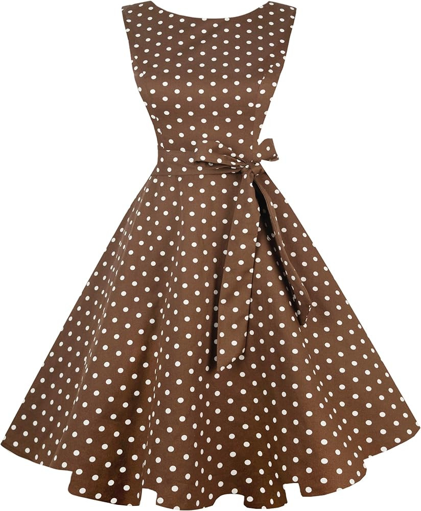 Amazon.com: Hanpceirs Women's Boatneck Sleeveless Swing Vintage 1950s Cocktail Dress Brown White ... | Amazon (US)