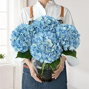 Blue Flowers Hydrangea Artificial Flowers, 4Pcs 22" Large Lifelike Silk Artificial Hydrangeas, Fu... | Amazon (US)