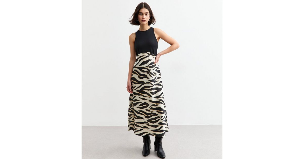 Black Zebra Print Satin Skirt Midi Dress | New Look | New Look (UK)