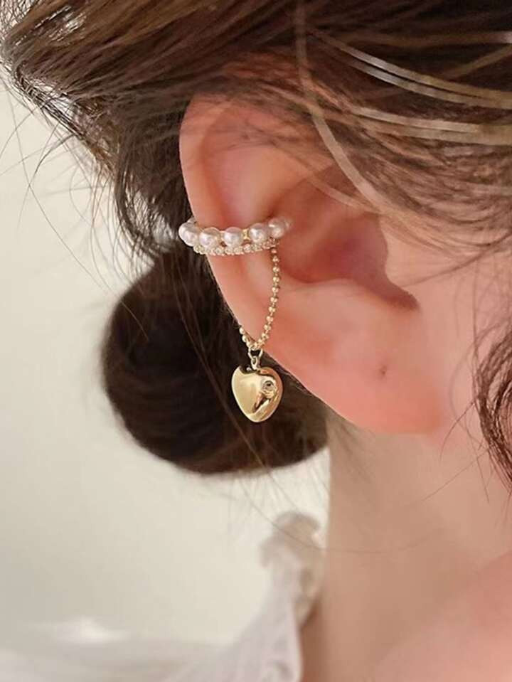 1pc Simple Alloy Heart Shaped Rhinestone & Faux Pearl Clip-On Earring For Women, Daily Wear | SHEIN