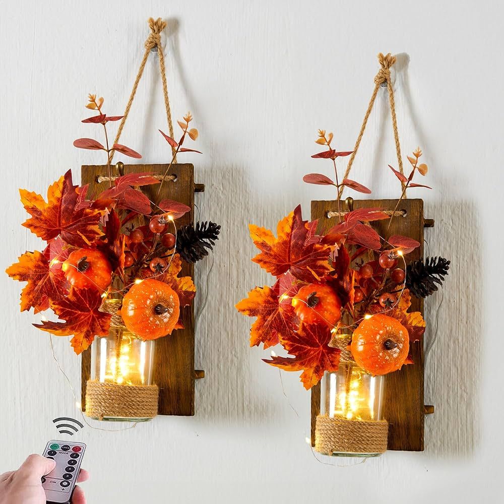 Anna's Whimsy 2PACK Fall Decor Mason Jar Sconce Wall Decor Rustic with Remote Control LED Fairy L... | Amazon (US)