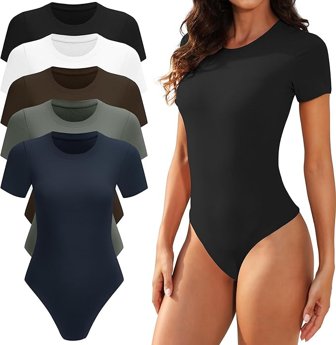 TVKSOM 5 Pack Body suits for Womens Short Sleeve Round Neck Casual Stretchy Basic T Shirt Bodysui... | Amazon (US)