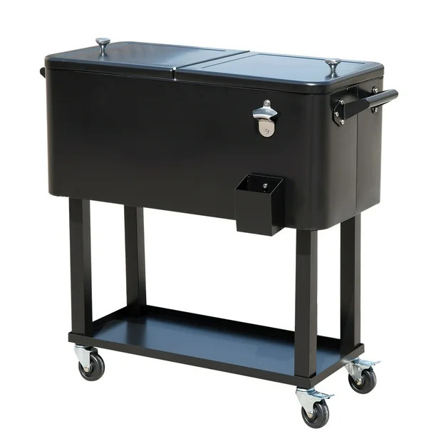 Outdoor 80 Quart Portable Rolling Patio Steel Party Cooler Cart Ice Chest Black | Walmart (US)
