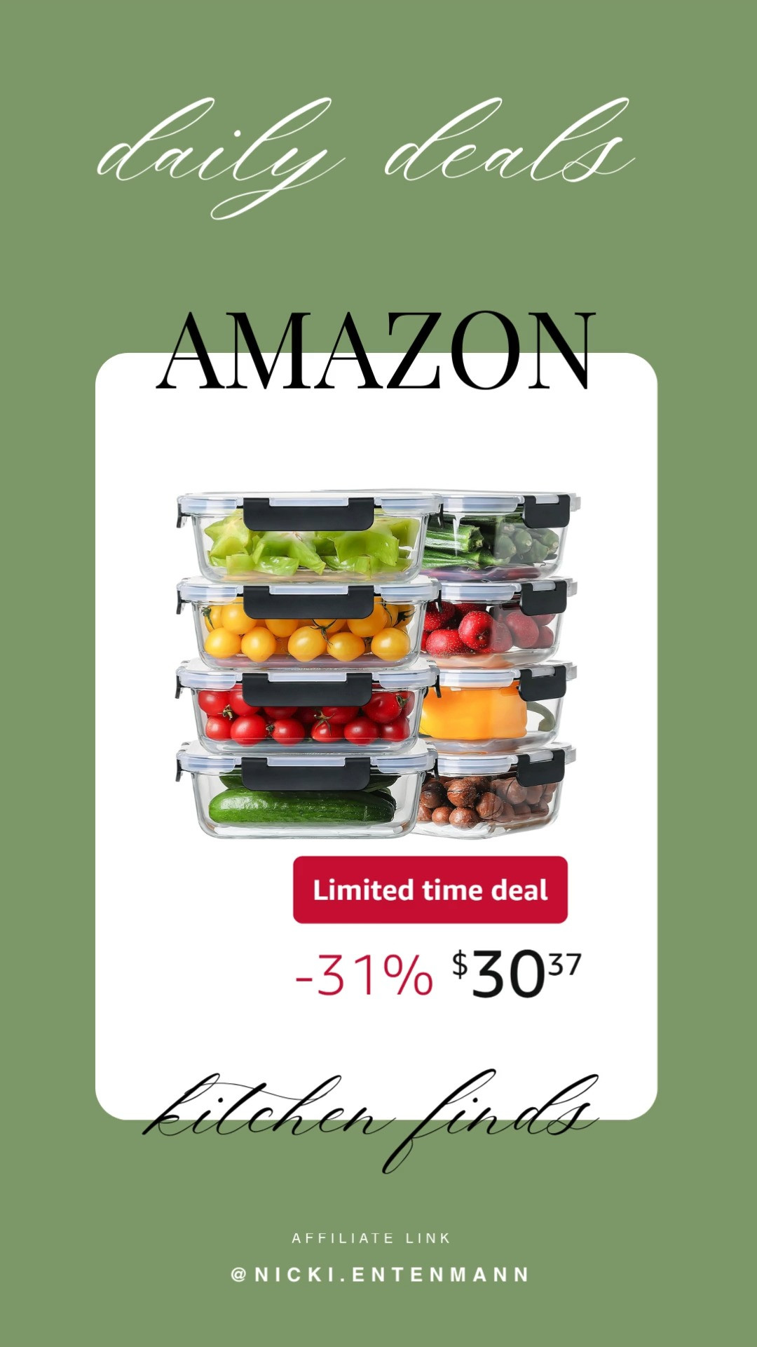 Glass Food Storage Containers with Leak Proof Snap Lock Lids keep meals fresh, organized, and ready to go. Durable glass meets secure lids for kitchen ease and everyday convenience 🍱✨🥗

#foodstorage #glasscontainers #mealprep #kitchenessentials #storageideas #leakproof #homeorganization #cookware #healthymeals #modernliving 

 #LTKfoodie #LTKSaleAlert #LTKTravel