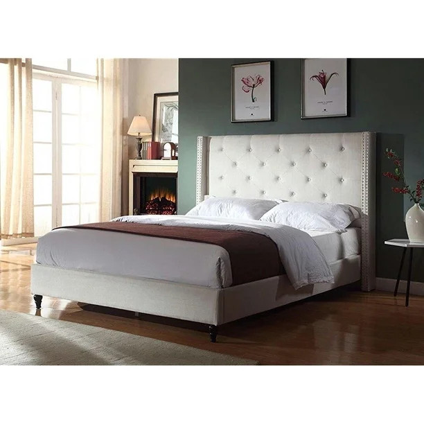 Home Life Premiere Classics Cloth Light Beige Cream Linen 51" Tall Headboard Platform Bed with Sl... | Walmart (US)