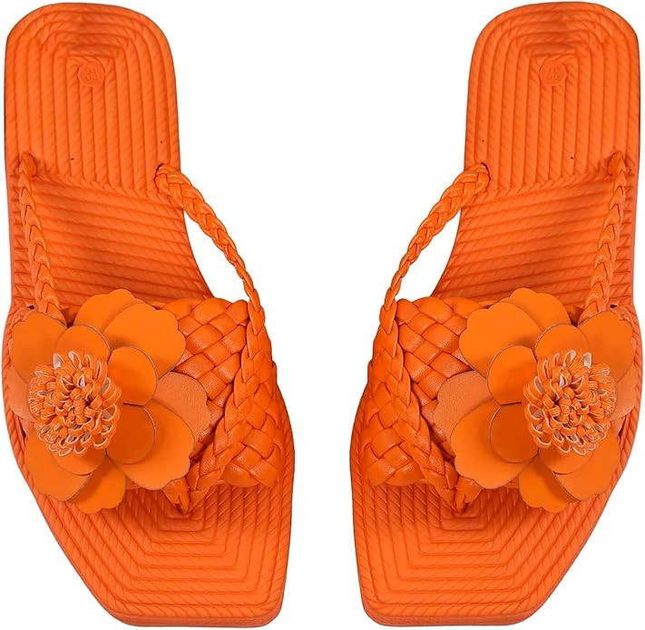 OYOANGLE Women's Boho Floral Decor Square Open Toe Braided Thong Sandals Square Open Toe Slide Sa... | Amazon (US)