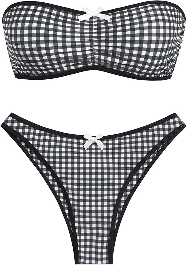 ZAFUL Women's Strapless Bikini Openwork Textured Bow Ruched Lace Up High Cut Bandeau Swimsuit Bat... | Amazon (US)