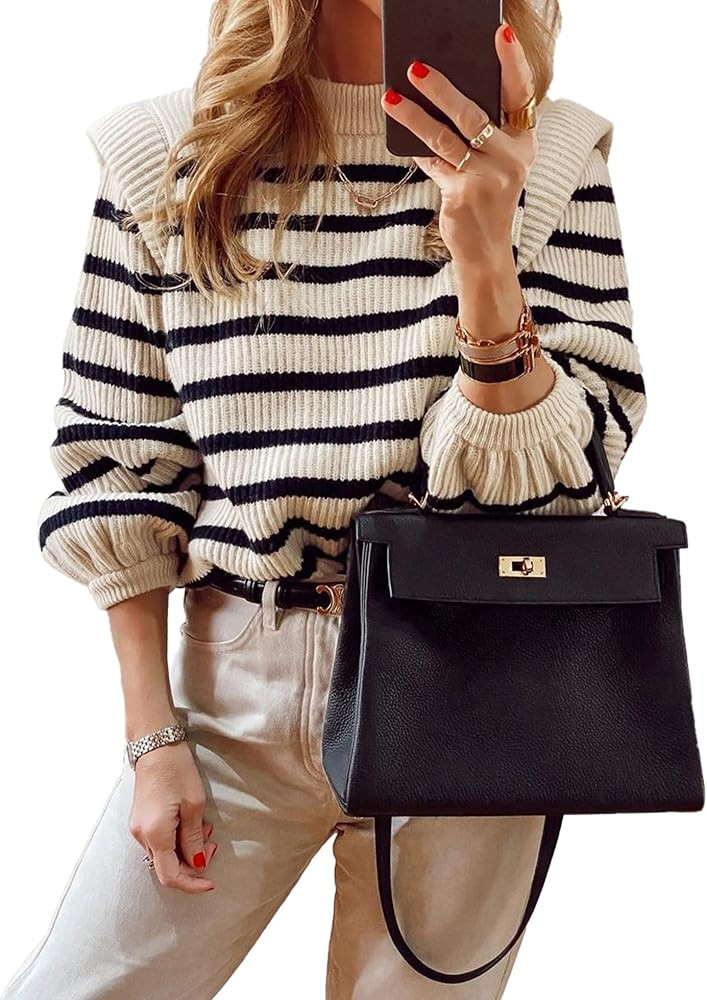 PRETTYGARDEN Women's Sweaters Casual Long Lantern Sleeve Crewneck Ribbed Knit Pullover Striped Jumpe | Amazon (US)